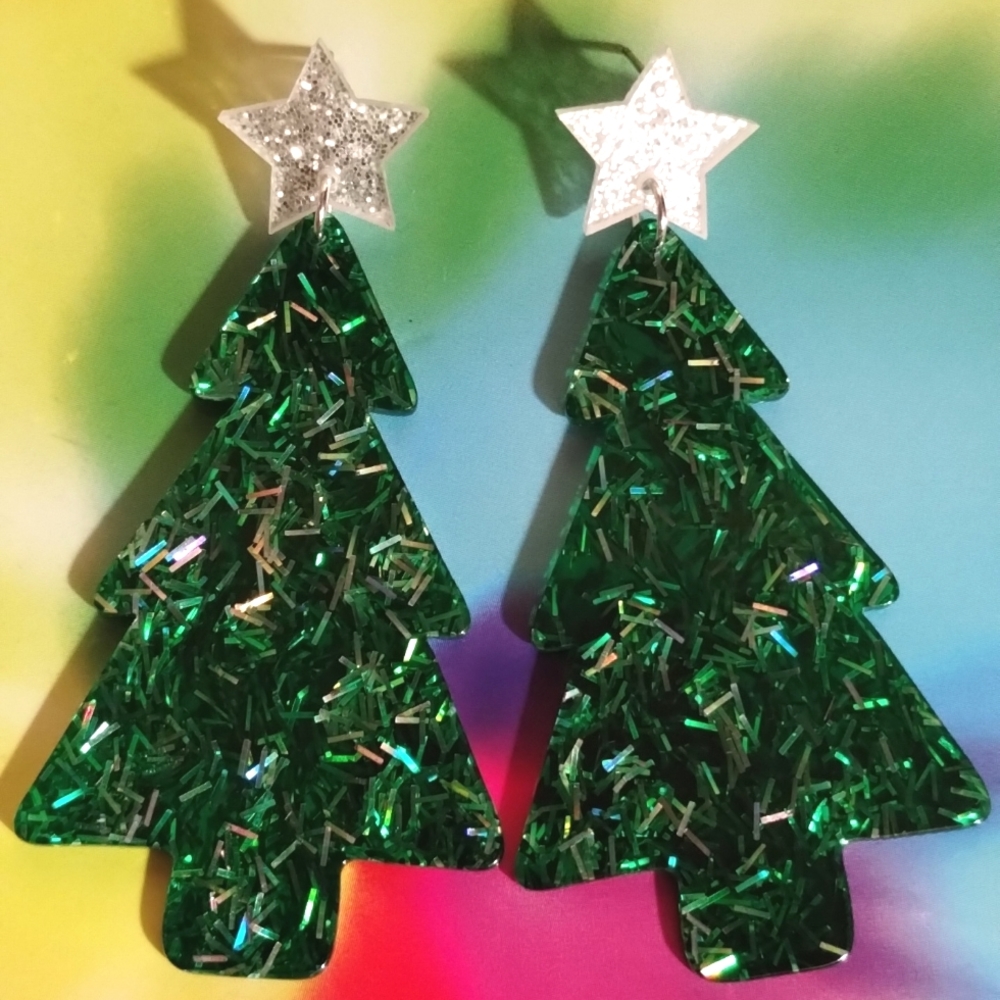 Silver and Green glitter confetti Christmas tree earrings